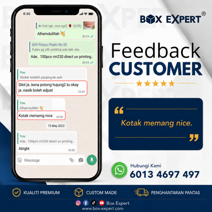 Testimoni pelanggan Box Expert berpuas hati dengan kualiti cetakan kotak produk custom made.